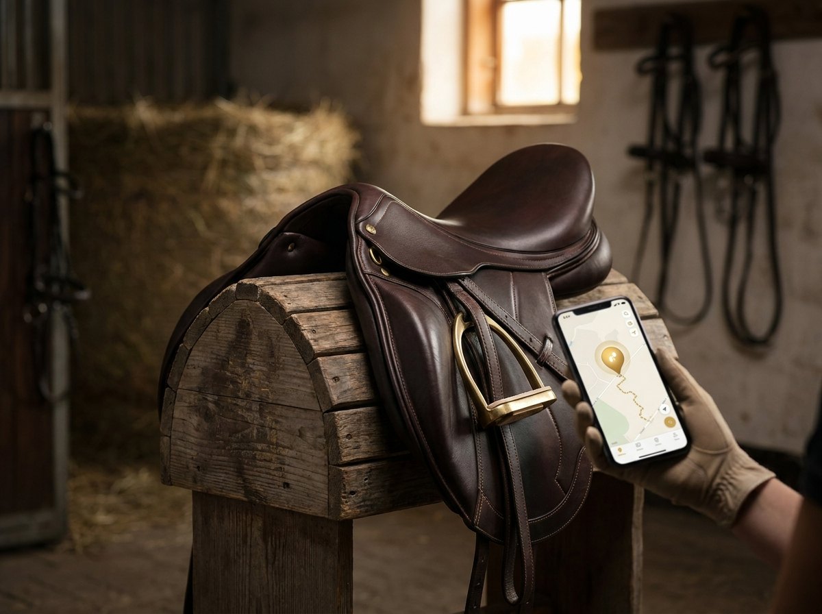 Lederner Sattel auf einem Sattelbock im Stall, daneben ein Smartphone mit Ortungskarte: der Sattel lässt sich bei Diebstahl wiederfinden