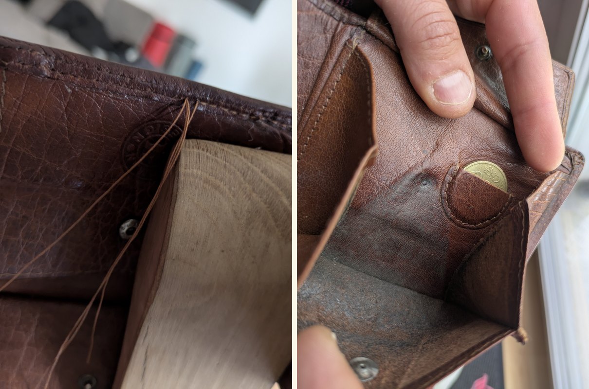 Vorher-Nachher einer Geldbeutel-Reparatur: links die aufgetrennte Naht, rechts der fertig reparierte braune Geldbeutel