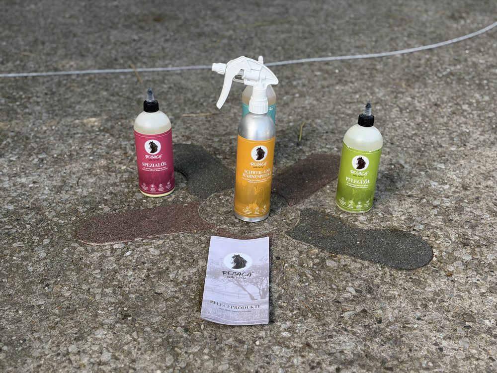RESACA Pflegeprodukte für Pferde beim Waschtag, auf dem Stallboden